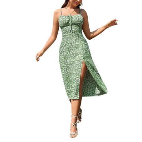 Women's Clothing Summer 2024 Trend Floral Dress, Flower Print Spaghetti Strap Sleeveless with High Slit for Ladies