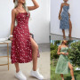 Women's Clothing Summer 2024 Trend Floral Dress, Flower Print Spaghetti Strap Sleeveless with High Slit for Ladies