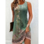2025 Summer Women's Knee Length Short Dress Bohemian Vintage Printed Round Neck Dress Casual Comfortable Beach Sleeveless Dresse