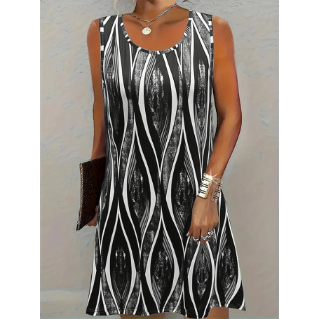 2025 Summer Women's Knee Length Short Dress Bohemian Vintage Printed Round Neck Dress Casual Comfortable Beach Sleeveless Dresse