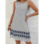 2025 Summer Women's Knee Length Short Dress Bohemian Vintage Printed Round Neck Dress Casual Comfortable Beach Sleeveless Dresse