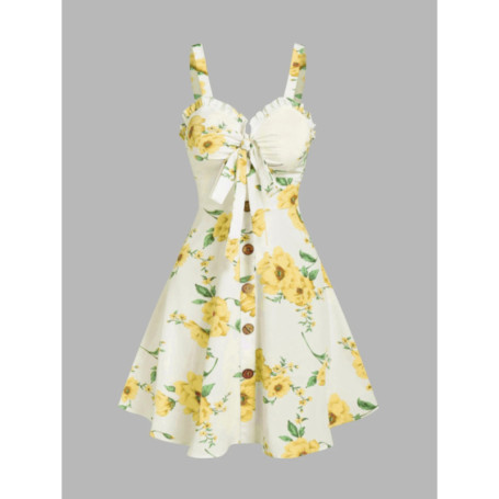 Dressfo 2025 Women's Floral Print Vacation Sundress Garden Party Dress Summer Ruffled Bowknot Mini Dress Vestidos