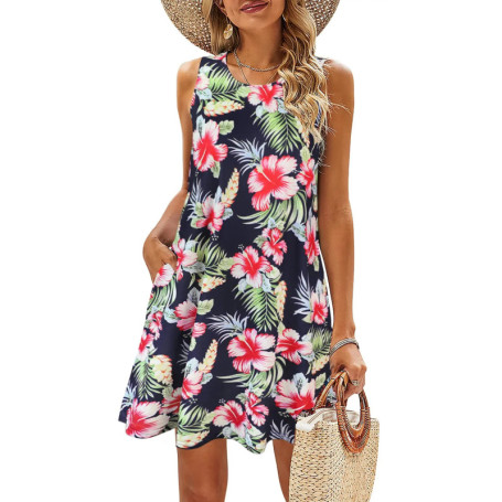 Summer Women's Beach Dress Bohemian Style Sleeveless Fresh Floral Pocket T-shirt, Vest And Vest Dress Elegant Short Dress