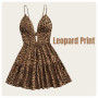 French Resort Style Women's Soft Imitation Silk Deep V-Neck Tie Chest Pad Backless Leopard Print Spaghetti Strap Dress