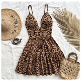 French Resort Style Women's Soft Imitation Silk Deep V-Neck Tie Chest Pad Backless Leopard Print Spaghetti Strap Dress