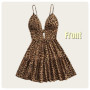French Resort Style Women's Soft Imitation Silk Deep V-Neck Tie Chest Pad Backless Leopard Print Spaghetti Strap Dress