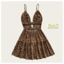French Resort Style Women's Soft Imitation Silk Deep V-Neck Tie Chest Pad Backless Leopard Print Spaghetti Strap Dress
