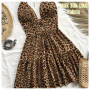 French Resort Style Women's Soft Imitation Silk Deep V-Neck Tie Chest Pad Backless Leopard Print Spaghetti Strap Dress