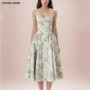 2025 Romantic Green Floral Bra with Wire Corset Style Sling Dress Women Low Waist Ruched Pleated Swing Midi Long Dresses Robe
