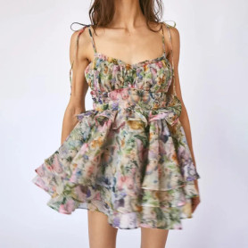 Sweet Girls Pumpkin Dresses Flower Printing Tie Bandage Abdomen Strap Slim Fashion Women Short Pendant Dress Streetwear Summer