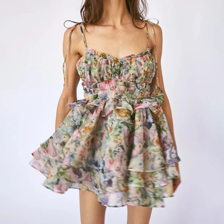 Sweet Girls Pumpkin Dresses Flower Printing Tie Bandage Abdomen Strap Slim Fashion Women Short Pendant Dress Streetwear Summer