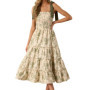 Women's Summer Floral Print Dresses Stylish Ruffled Trim Smocked Sleeveless Tie-Shoulder A-Line Dress