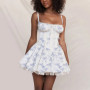 Women Floral Print Mini Dress Sexy Lace Patchwork Suspender Tie Up Corsets Bodycon Short Dresses Summer Boho French Vestidos