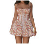 Women Floral Print Mini Dress Sexy Lace Patchwork Suspender Tie Up Corsets Bodycon Short Dresses Summer Boho French Vestidos
