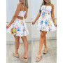 Sexy Women Floral Print Cold Shoulder Spaghetti Strap Mini Skirt Ruched Shirred Back Hollow-out Dress Summer Vacation Wear