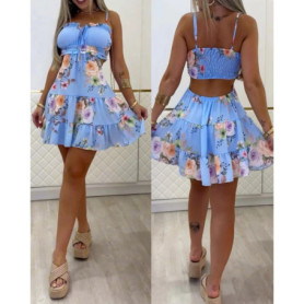 Sexy Women Floral Print Cold Shoulder Spaghetti Strap Mini Skirt Ruched Shirred Back Hollow-out Dress Summer Vacation Wear