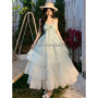 2025 Summer Elegant Sweet A-line Dress Women Fashion Design Loose Slash Neck Sling Dresses Female New Pretty Blue Beach Dress