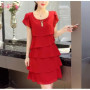 2025 Dress For Women Summer Wave Cut Ruffle Sweet Solid Short Sleeve Slim Dresses Lady Casual All-match Vestido O-Neck Chiffon