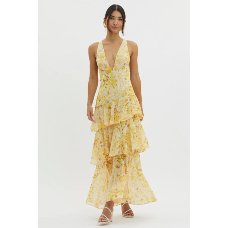 Women's floral lace up pleated flute dress evening party summer long dress chic and elegant layered sleeveless V-neck camisole d