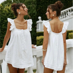 Combhasaki Women Summer Frill Trim Square Neck Ruffle Flying Sleeve Button Down Short Mini Pleated A-line Loose Fit Tank Dress