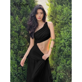 Nibber Elegant Maxi Dress Women Summer Off-shoulder Sleeveless Cut Out Beach Long Indie Folk Temperament For Vacation Vestidos