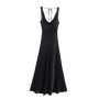 HH Women's Solid Vacation Style Satin Texture Backless V-neck Midi Dress Summer Female Elegant Sexy Lace-up Strap Dress