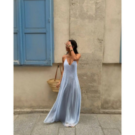 Sexy Women's Solid Color Pleated Long Dress Elegant Sleeveless Suspender Backless Slim Fit Dresses Beach Party Women's Robe