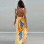 Summer Sleeveless Hollow Out Pleated Beach Dress Elegant Lady Backless Loose Party Maxi Dress Bohemian Style Print Halter Dress