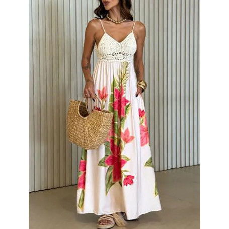 Summer Sleeveless Hollow Out Pleated Beach Dress Elegant Lady Backless Loose Party Maxi Dress Bohemian Style Print Halter Dress