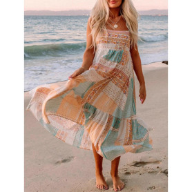 Bohemian style spring and summer fashion new multi-color dress casual vacation style printed square neck suspender dress