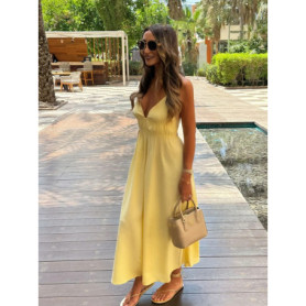 HH Female Summer Wrinkles Design Sexy Sling Dress Women Fashion Solid V-Neck Sleeveless Backless Beach Party Midi Dress