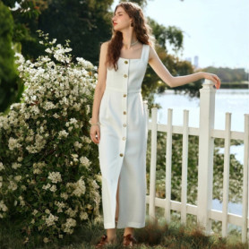 OLrain Dresses 2026 Woman Summer Midi Elegant White Ladies Dress French Square Neckline Wide Straps Woman Clothing O57XL98938