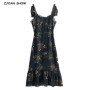 Vintage French Grass Floral Print Bandage Spaghetti Strap Ruffles Hem Midi Dress Retro Sexy Women Tie Bow Sling Summer Vestido