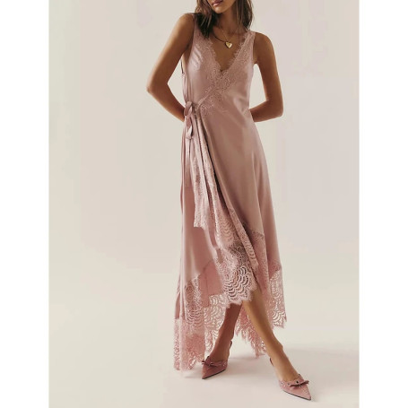 Combhasaki Women Summer Wrapped Tied V Neck Dress Floral Lace Trim Patchwork Sleeveless Irregular Ruffled Hem Long Tank Dresses