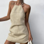 Women's Halter Backless Dress Summer Women's Cotton Linen Distress Personal Simple Sexy Sleeveless A-line Casual Beach Dress