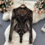 Women Bodycon Bodysuit 2025 Korean Sexy Backless Mesh Bodycon Jumpsuits Chic Flocking Slim Bodysuit Streetwear Long Sleeve