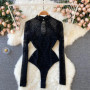 Women Bodycon Bodysuit 2025 Korean Sexy Backless Mesh Bodycon Jumpsuits Chic Flocking Slim Bodysuit Streetwear Long Sleeve