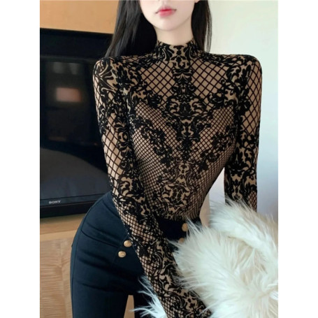 Women Bodycon Bodysuit 2025 Korean Sexy Backless Mesh Bodycon Jumpsuits Chic Flocking Slim Bodysuit Streetwear Long Sleeve