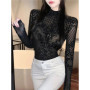 Women Bodycon Bodysuit 2025 Korean Sexy Backless Mesh Bodycon Jumpsuits Chic Flocking Slim Bodysuit Streetwear Long Sleeve