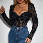 New Sexy Women Costume Hot Selling Slim Long Sleeved Jumpsuit Deep V Plush Printed Fitting Breasted Bodysuits High Quality 60704