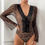 Flared Sleeve Lace Leopard Print Mesh Bodysuit Jumpsuit Shapewear Fashion One Piece Bodyshaper Women Sexy Slim Underwear Overall