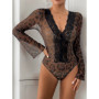 Flared Sleeve Lace Leopard Print Mesh Bodysuit Jumpsuit Shapewear Fashion One Piece Bodyshaper Women Sexy Slim Underwear Overall