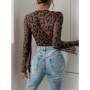 Flared Sleeve Lace Leopard Print Mesh Bodysuit Jumpsuit Shapewear Fashion One Piece Bodyshaper Women Sexy Slim Underwear Overall