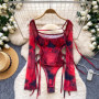 Foamlina Hot Girl Tie Dye Bodysuit Women Sexy Square Neck Ruched See Through Mesh Tie-up Side Cut Out Slim Night Party Clubwear