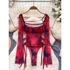 Foamlina Hot Girl Tie Dye Bodysuit Women Sexy Square Neck Ruched See Through Mesh Tie-up Side Cut Out Slim Night Party Clubwear