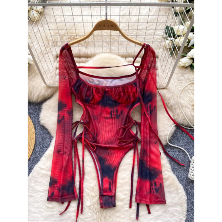 Foamlina Hot Girl Tie Dye Bodysuit Women Sexy Square Neck Ruched See Through Mesh Tie-up Side Cut Out Slim Night Party Clubwear