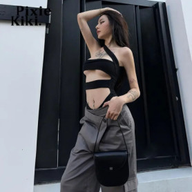 PixieKiki Sexy Black Bodysuit One Shoulder Backless Cutout Asymmetrical Tops for Women Rave Outfits Y2k Streetwear P71-BZ12