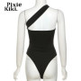 PixieKiki Sexy Black Bodysuit One Shoulder Backless Cutout Asymmetrical Tops for Women Rave Outfits Y2k Streetwear P71-BZ12