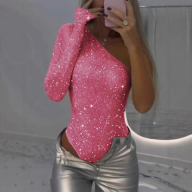 Spice Girls Sexy Sequin Jumpsuit Skew Collar Off-shoulder Single Shoulder Long Sleeved Bodysuits Summer Fashion Rhinestone Tops