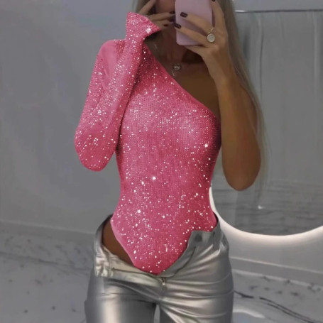 Spice Girls Sexy Sequin Jumpsuit Skew Collar Off-shoulder Single Shoulder Long Sleeved Bodysuits Summer Fashion Rhinestone Tops